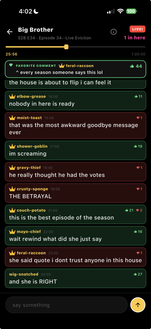A Schitchat room during a live episode of Big Brother
